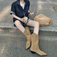 boots women 2022 knee high botas fashion embossed microfiber leather pointed toe western women cowboy boots cowgirl boots