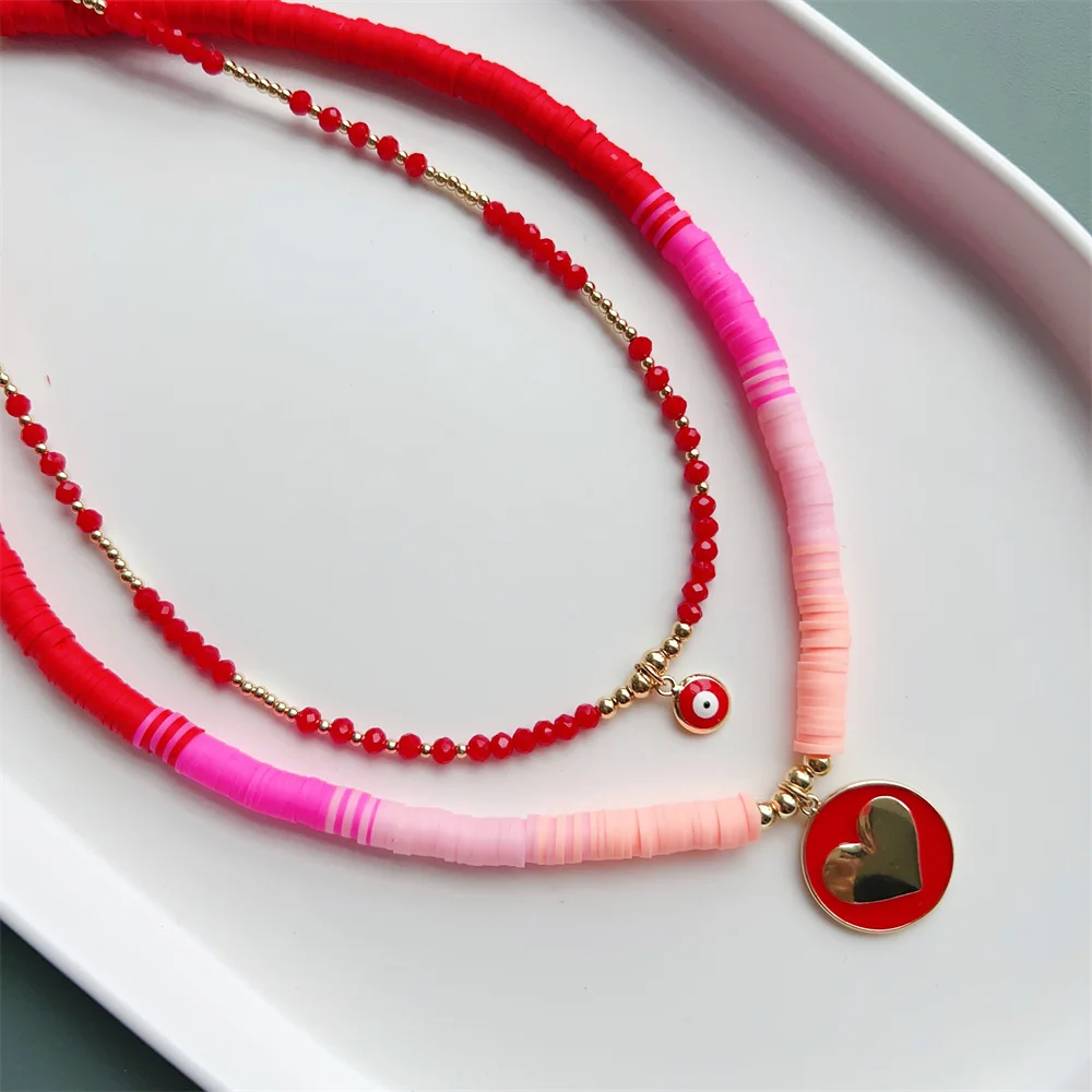 

KKBEAD 2023 New Evil Eye Heart Pendant Necklace Polymer Clay Heishi Beaded Necklaces Choker for Girl Friend Gift Jewellery