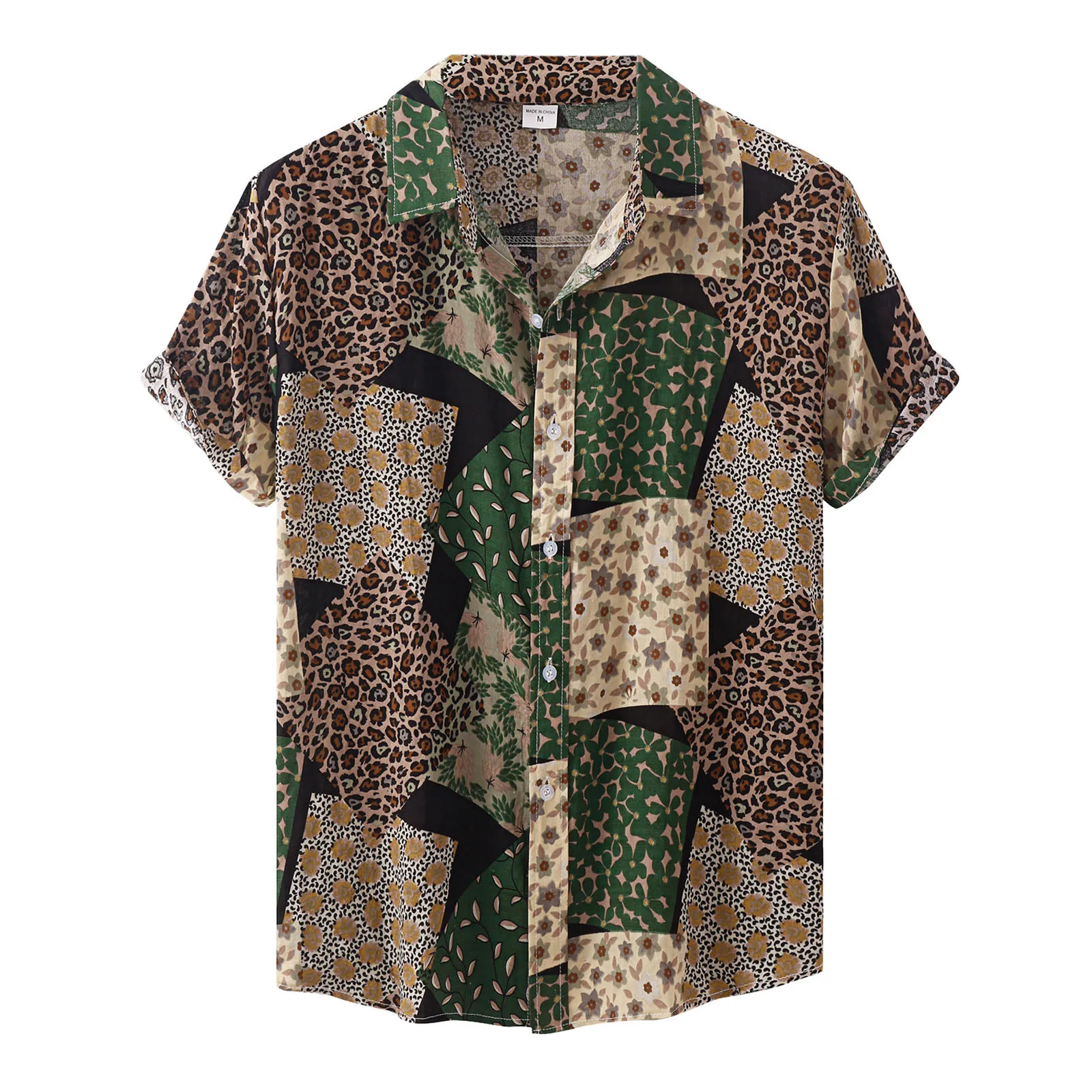 

Men's Sleeve Turn-Down Collar Shirt Casual Single Print Short Shirt Breasted Leopard Men Shirts Running Shirt