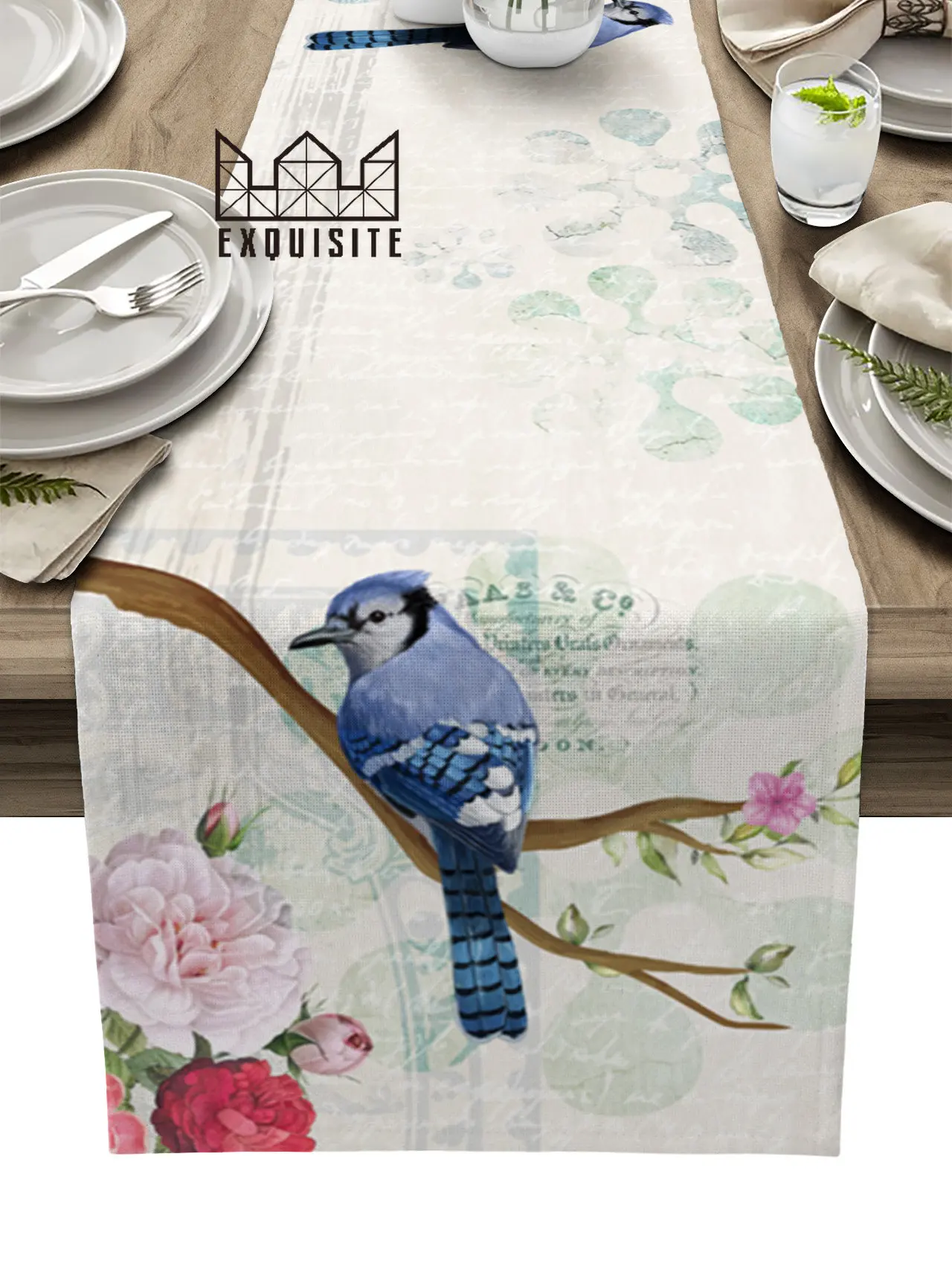 

Vintage Flower Blue Jay Bird Table Runner Decoration Home Decor Dinner Table Decoration Table Runners Tassel