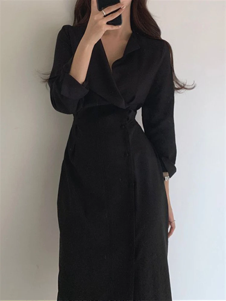 Solid Midi Dress for Women Long Sleeve Luxury 2022 Spring Woman Dresses A-Line Vintage Autumn Elegant Party High Waist Vestido