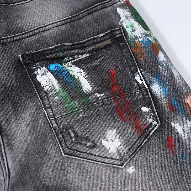 High Street Fashion Men Jeans Retro Gray Elastic Stretch Skinny Ripped Jeans Men Button Fly Painted Designer Hip Hop Brand Pants