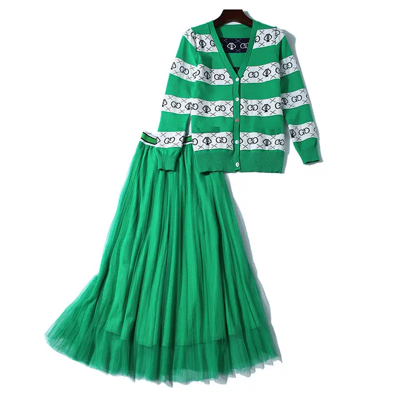

Women's Fashion Sweater + Half Skirt Women's Spring New Monochrome Knit Cardigan Jacket Mesh Pleated Skirt 2 Sets