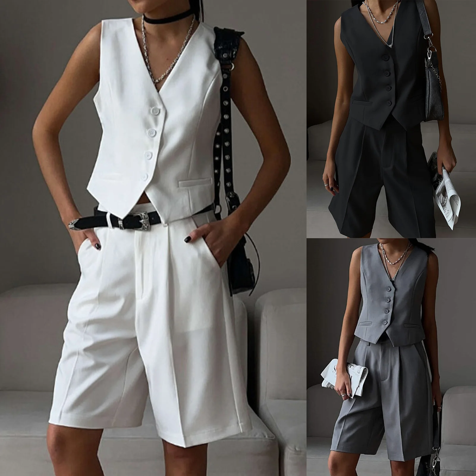 

Summer Womem Chic Vest Shorts Suit Two-Piece Set 2023 Office Ladies Chic 2 Piece Sets Womens Outfits Ladies Casual Outfits 2023