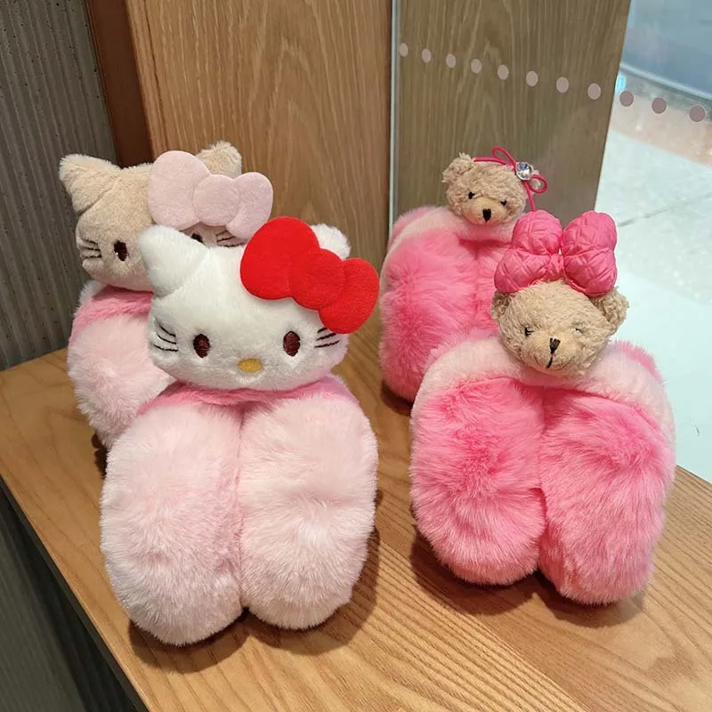 

Теплые зимние наушники Kawaii Sanrio с аниме Hello Kitty Мультяшные плюшевые наушники с бантом теплые ветрозащитные наушники подарки подруге