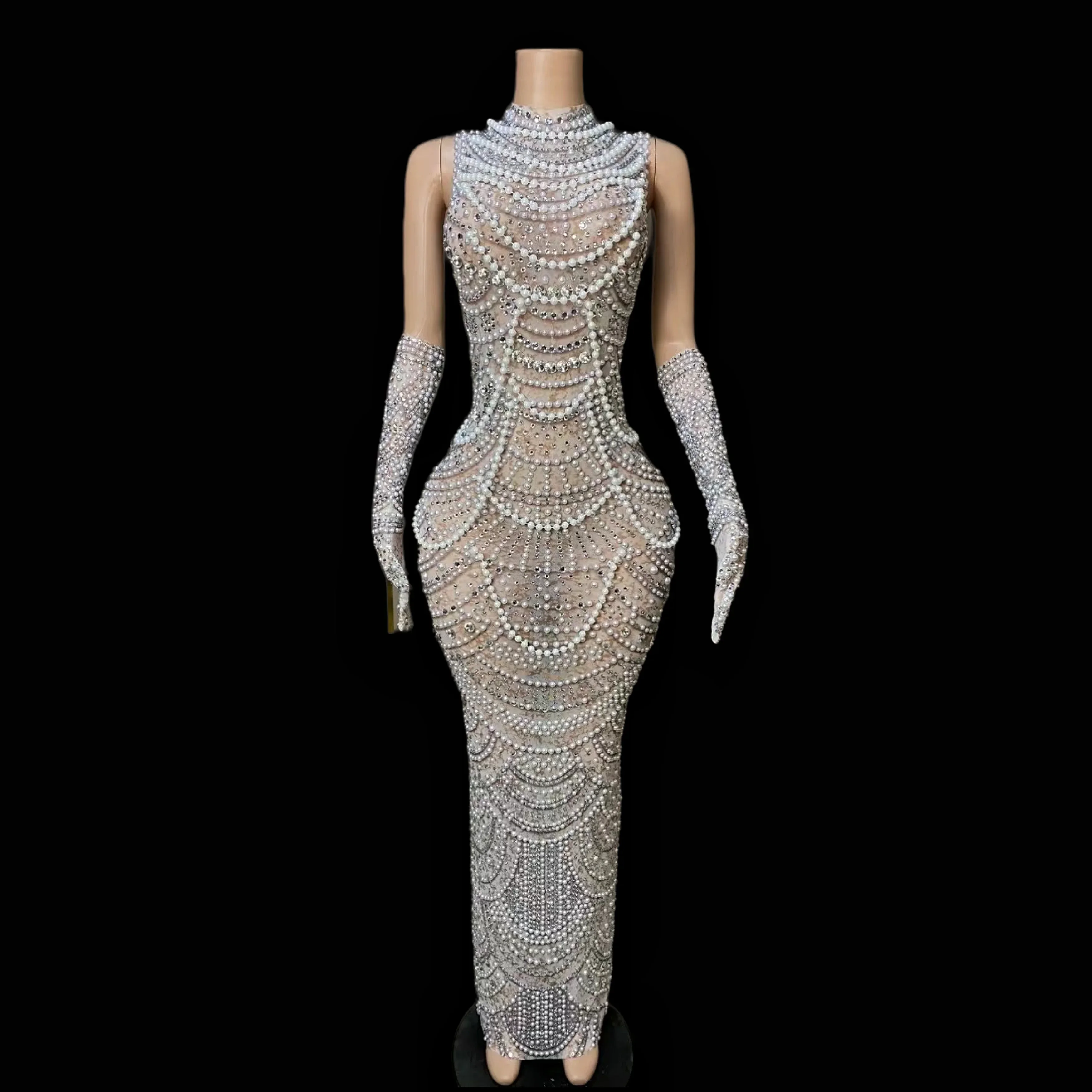 Модные серебряные стразы и жемчуг прозрачные перчатки без рукавов платье для