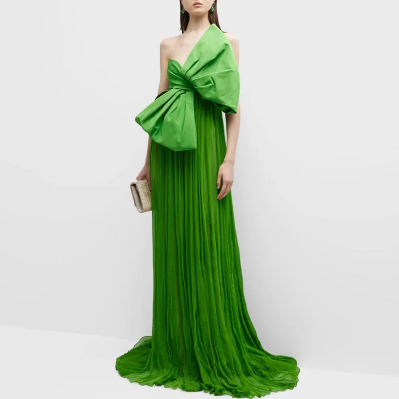 

Strapless Bright Green Straight Tulle Dress Floor Length Long Evening Dresses Soft Backless Woman Clothes With Bow Ever Pretty