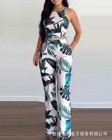 womens leaf print sexy suspenders pants suit 2022 summer new sleeveless o neck tops high waist lace up wide leg pants set