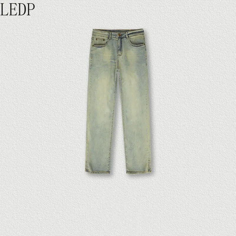 Autumn and Winter Yellow Mud Color Split Jeans Fashion Brand High Elastic Distressed Skinny Pants Men's American High Street