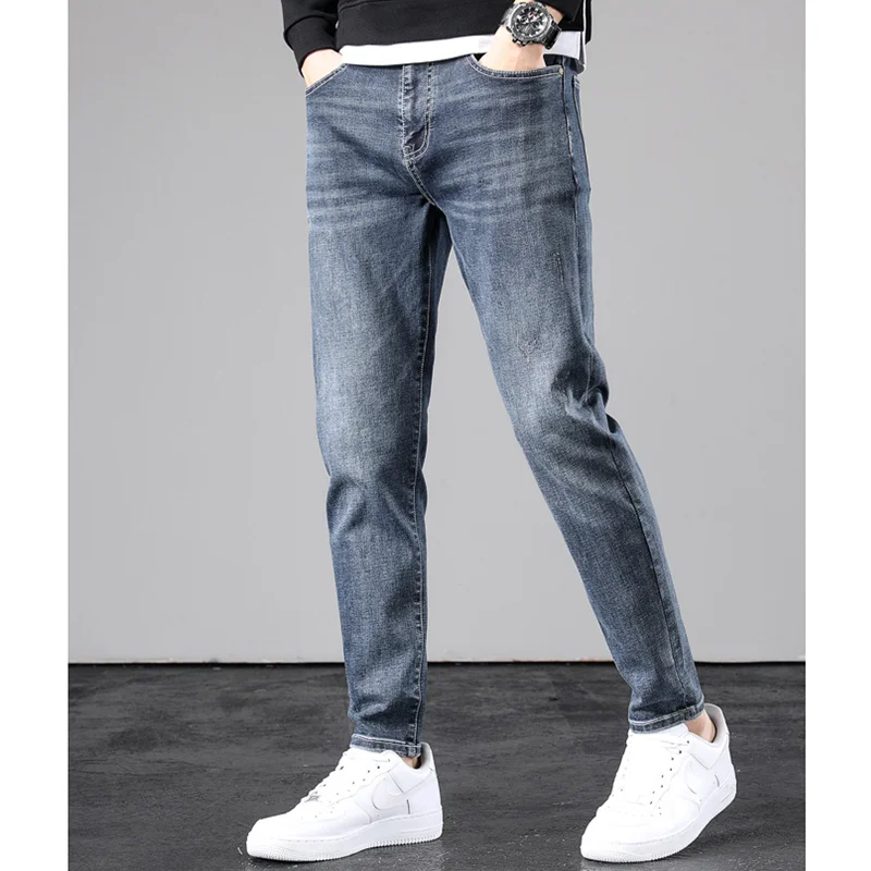 Streetwear Men Slim Fit Straight Tube Tide Brand Volcanic Rock Men's Trousers Warm Pants In Autumn and Winter Stretch Blue Jeans