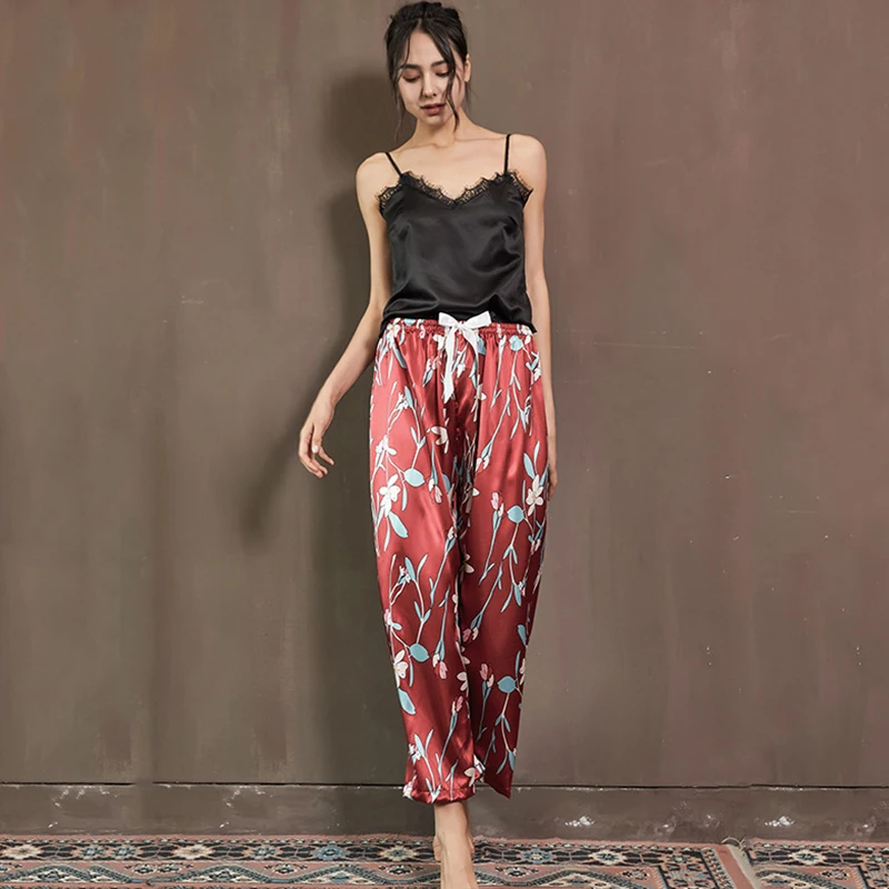 Ice Silk Pajamas Sets for Woman Home Clothe Nightwear Luxury Fashion Floral Print Sexy Sleepwear Leisure Satin Pyjama Sleep Suit