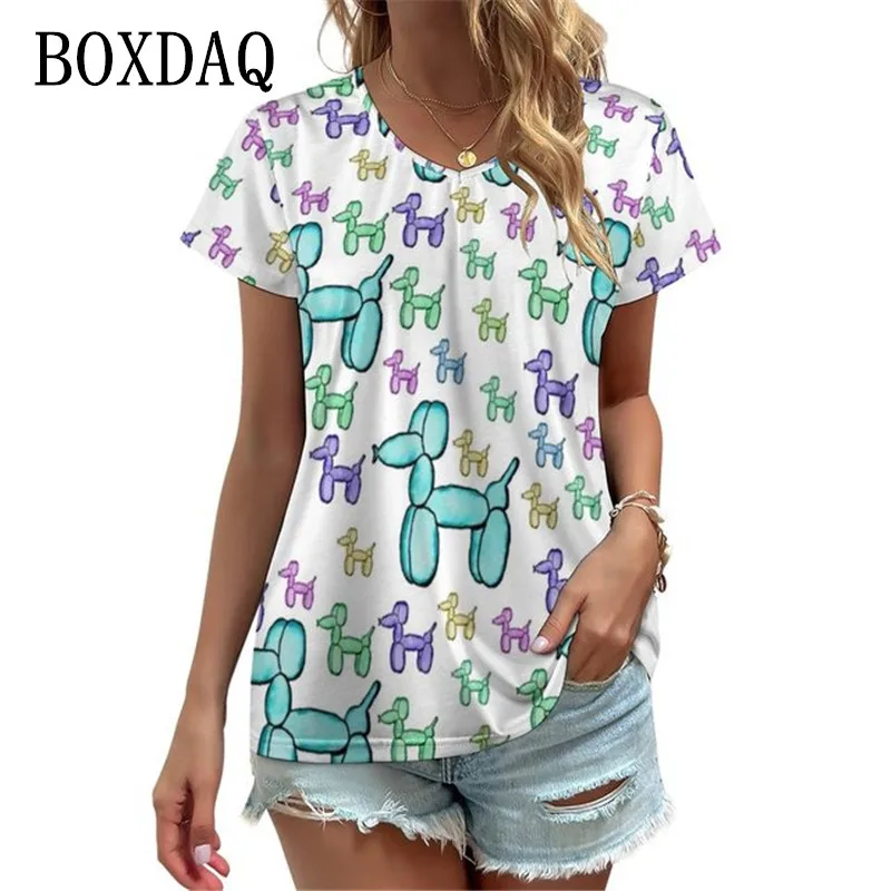

Colorful Balloon Dog Blouse Women 2022 New Fashion V Neck Art Print Shirts Modern Oversize Short Sleeve Tops Summer Clothes Gift