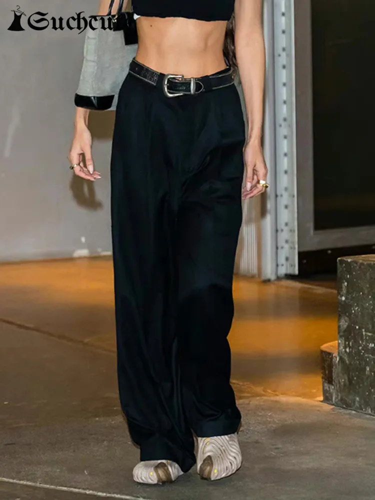 

SUCHCUTE Fashion Casual Suit Pants Women With Belt Dark Streetwear Solid Baggy Trousers Fairycore High Waist 90s Straight Cloth