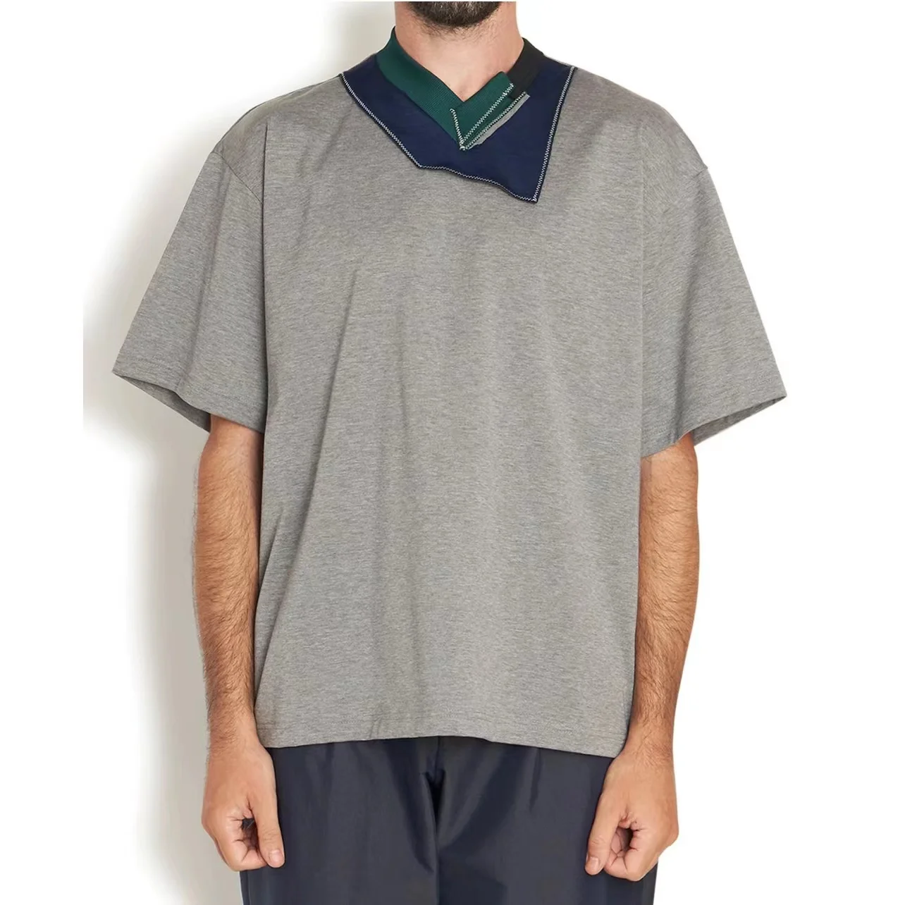 

22SS KOLOR Abe Runyi Japanese Shirt Tritone Panel Cut Colorful Cotton Loose Round Neck Short Sleeve T-shirt