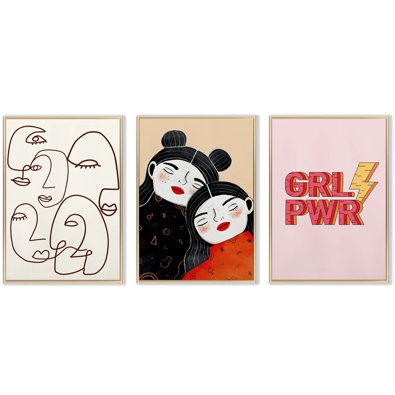 

Girl Power Canvas Painting Abstract Cartoon Woman Face Lines Posters and Prints Nordic Art Wall Picture for Living Room Bedroom