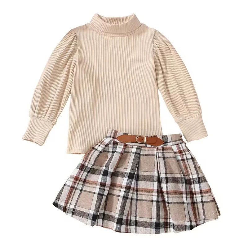 

Осенний комплект одежды для маленьких девочек, однотонный топ с длинным рукавом + клетчатая юбка А-силуэта