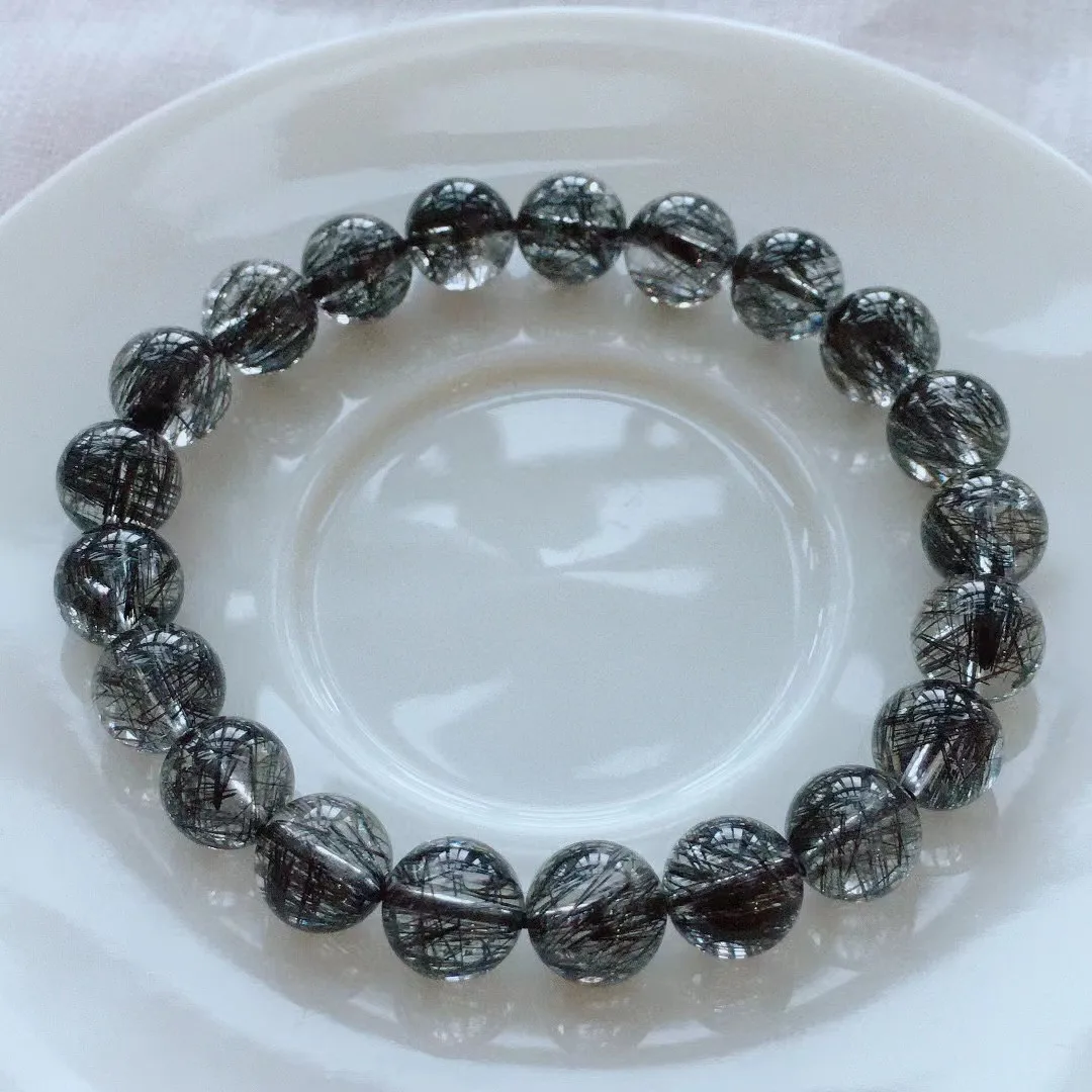 

9mm Natural Black Hair Rutilated Quartz Bracelet Jewelry For Women Lady Men Wealth Love Gift Reiki Crystal Beads Strands AAAAA