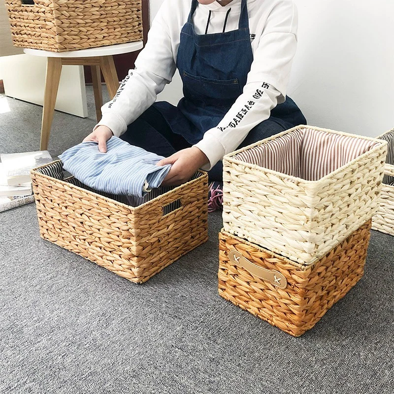 

Woven Storage Basket Corn Husk Weaving Baskets with Handles Laundry Hamper Dirty Clothes Toys Storage Wardrobe Organizer