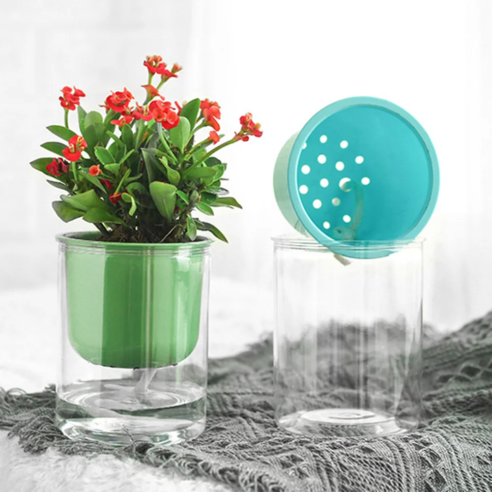 

【Big Sale】1PC Flower Pot Macaron Color Transparent Double Layer Plastic Self Watering Flowerpot Watering Small Plant