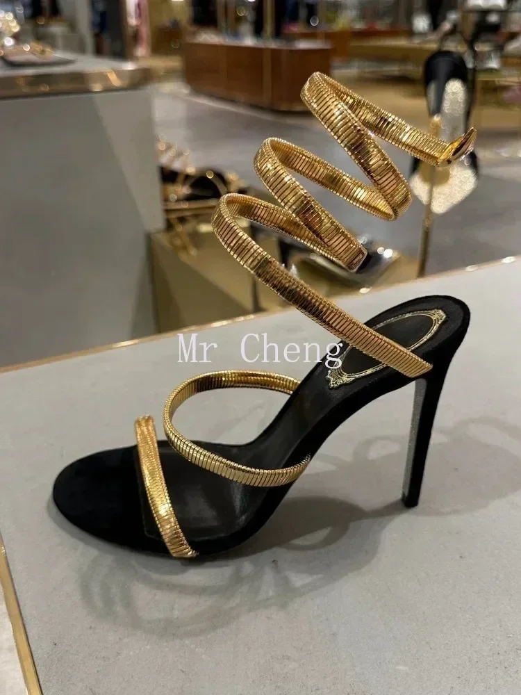 Летние модные сандалии на высоком каблуке со змеиным ремешком женские туфли