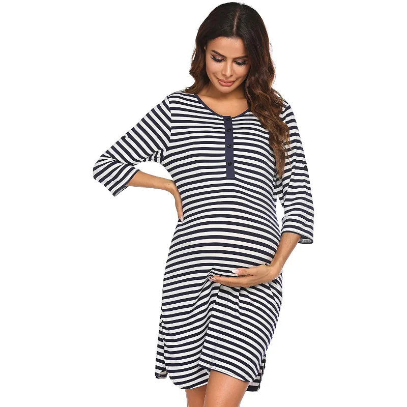 2022 pregnancy clothes fashion cotton stripe lactation dress pregnant women's mid sleeve  nursing dress  maternity dresses enlarge