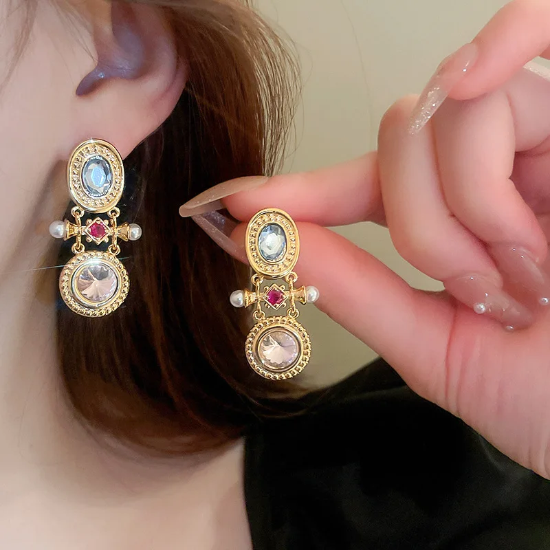

Minar Vintage Jewelry Sparkly CZ Cubic Zirconia Rhinestones Geometric Round Dangle Earrings Metallic Long Earring for Women 2023