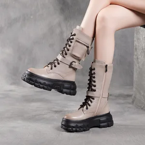 New First Layer Cowhide High Leg Boot Pocket Bag    Casual Buckle Thick Bottom High Heel  Dr. Martens