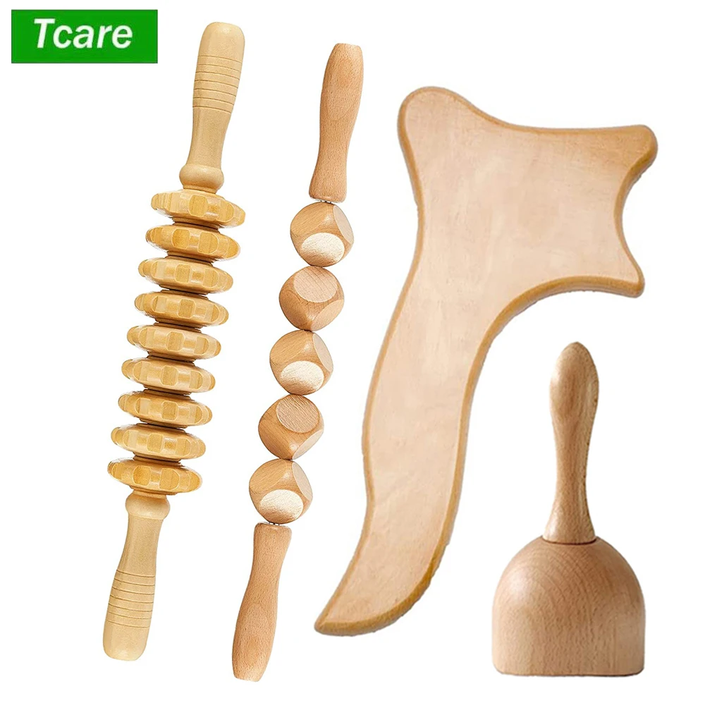 

Tcare 4Pcs/Set Wood Massager Lymphatic Drainage Anti-Cellulite Cupping Gua Sha Body Massage Roller for Fascia Muscle Pain Relief