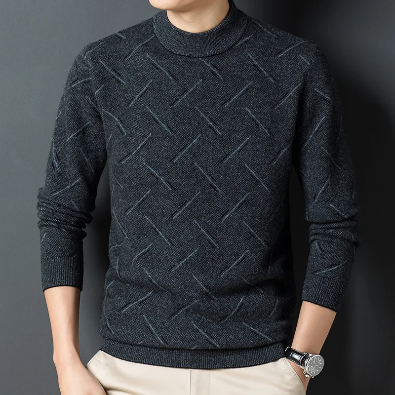 and 200% pure wool sweater men's autumn winter round neck jacquard pullover young and middle-aged warm knit bottoming shirt.