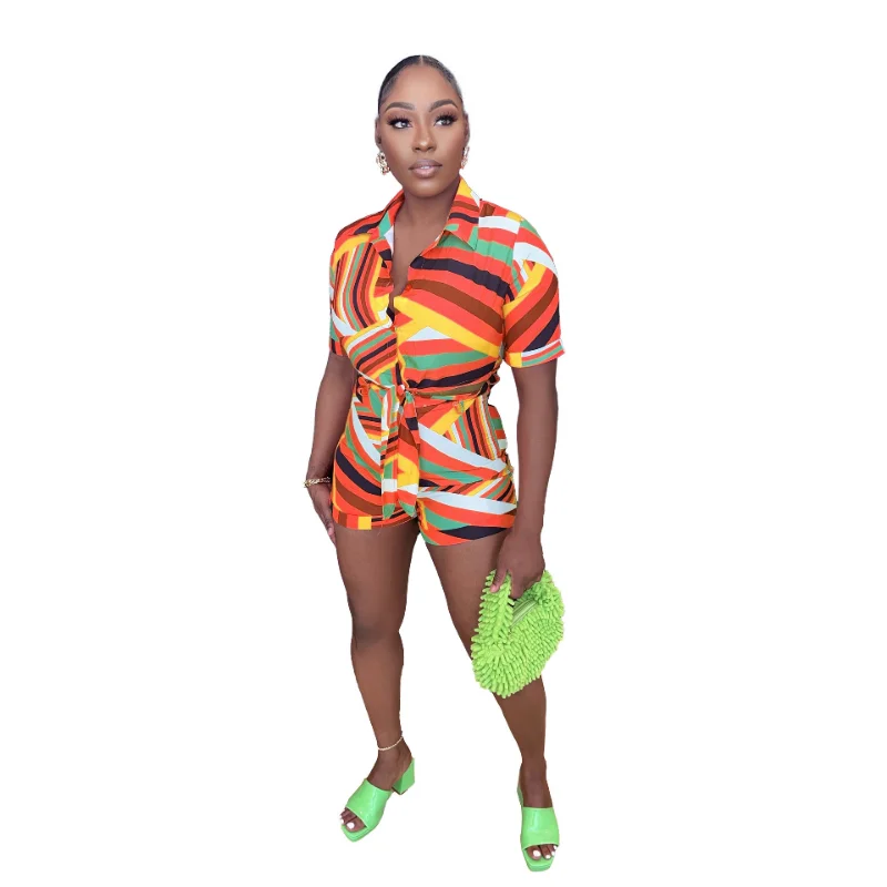 

Fitness 2 Piece Set Women Colorful Stripe Print Short Sleeve Lace Up Crop Shirts Top Elastic High Waist Shorts Summer Casual Set