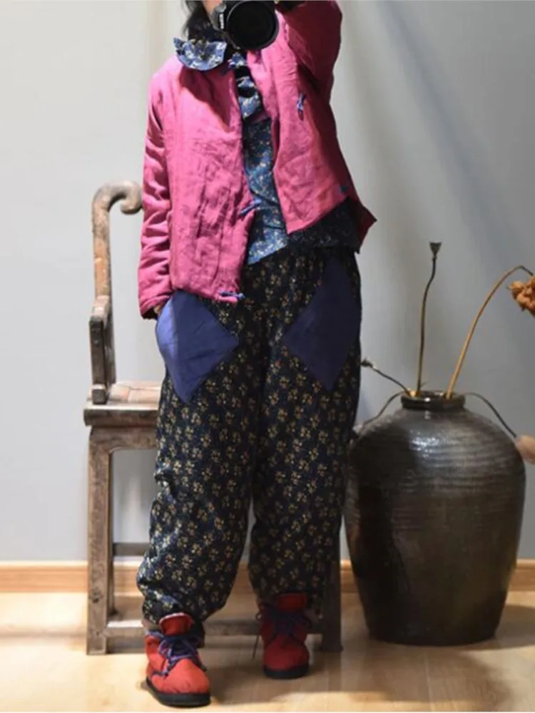 

Vintage Print Floral Women Pants Warm Winter 2020 Contrast Color Elastic Waist Warm Cotton Padded Retro Loose Women Trousers