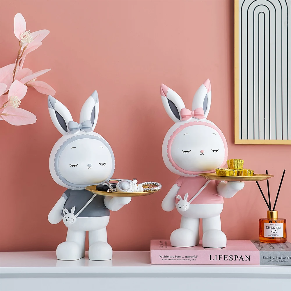 

Cute Rabbit Statue Key Snack Storage Decorative Tray Resin Animal Sculpture Home Decor Accessories Living Room Decoration Gift