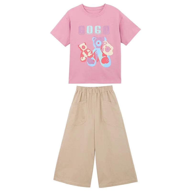 

Summer Baby Girls Clothing Set Fashion Teenage Cotton Short Sleeve Tshirt and Wide Leg Pants Kids Cartoon Bear Outfits 4 To 12Y