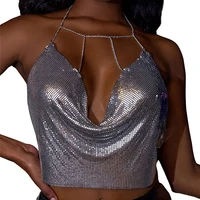 women sexy nightclub halter tank tops metal chains low cut sequins vest summer sleeveless backless crop tops