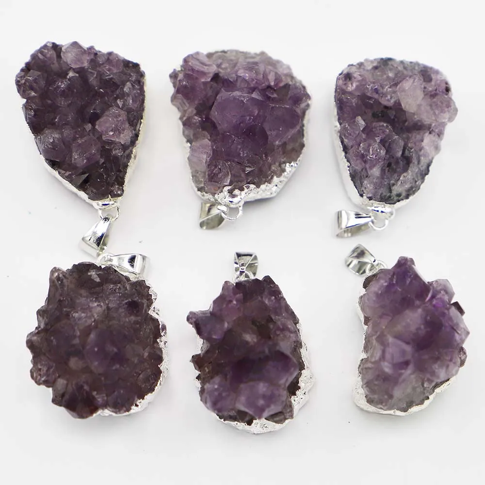 Natural Irregular Amethyst Silver Edge Necklace Pendant DIY Reiki Charm Jewelry Gift Accessories Wholesale 6Pc/Lot Free Shipping