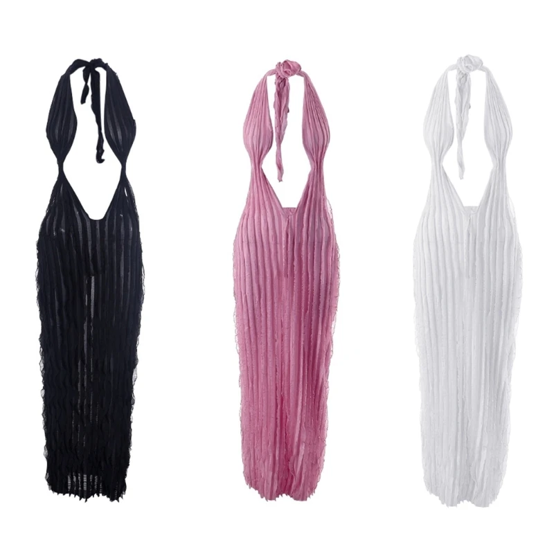 

Women Sleeveless Halter Deep V-Neck Backless Ruffle Mesh Maxi-Long Bodycon Dress