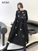 xitao dot patchwork mesh dress women europe 2021 autumn new arrival personality fashion loose o neck full sleeve dress wmd2016