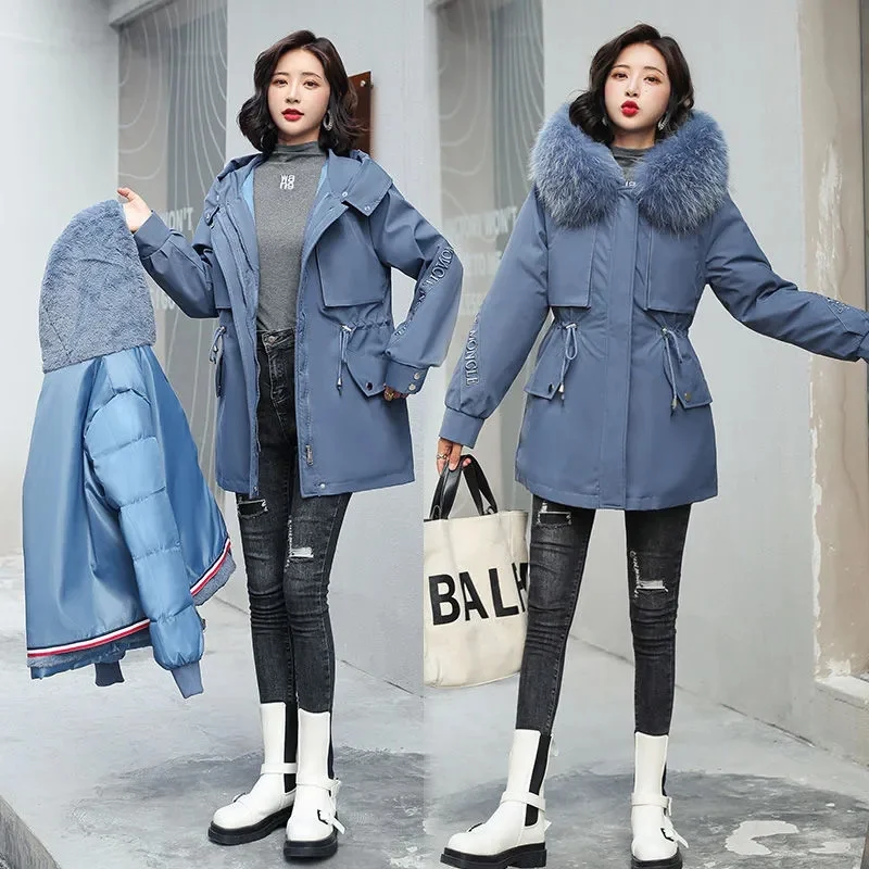 2022 New Winter Jacket Women Parkas Fur Lining Coat Fur Collar Hooded Parka Female Thick Warm Cotton Padded Jacket Outerwear