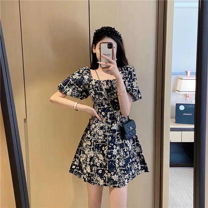 

French Floral Vintage Dresses Women Office Ladies Square Collar Slim Blue Mini Dress Puff Sleeve A-line Summer vestido feminino