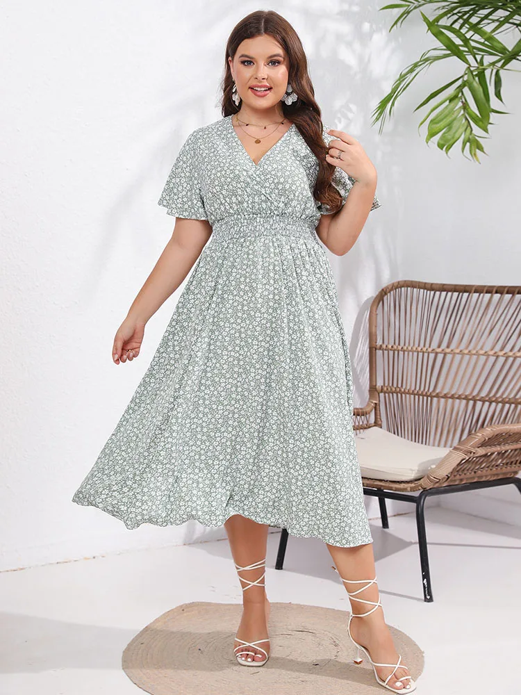Plus Size Summer Dresses for Women 2023 Ladies Elegant Short Sleeve V Neck Blue Floral Midi Dress Casual Party Dresses Clothing