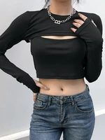 women new design sexy hollow crop tops spring slim solid color long sleeve t shirt lady straps halter neck skinny casual tops