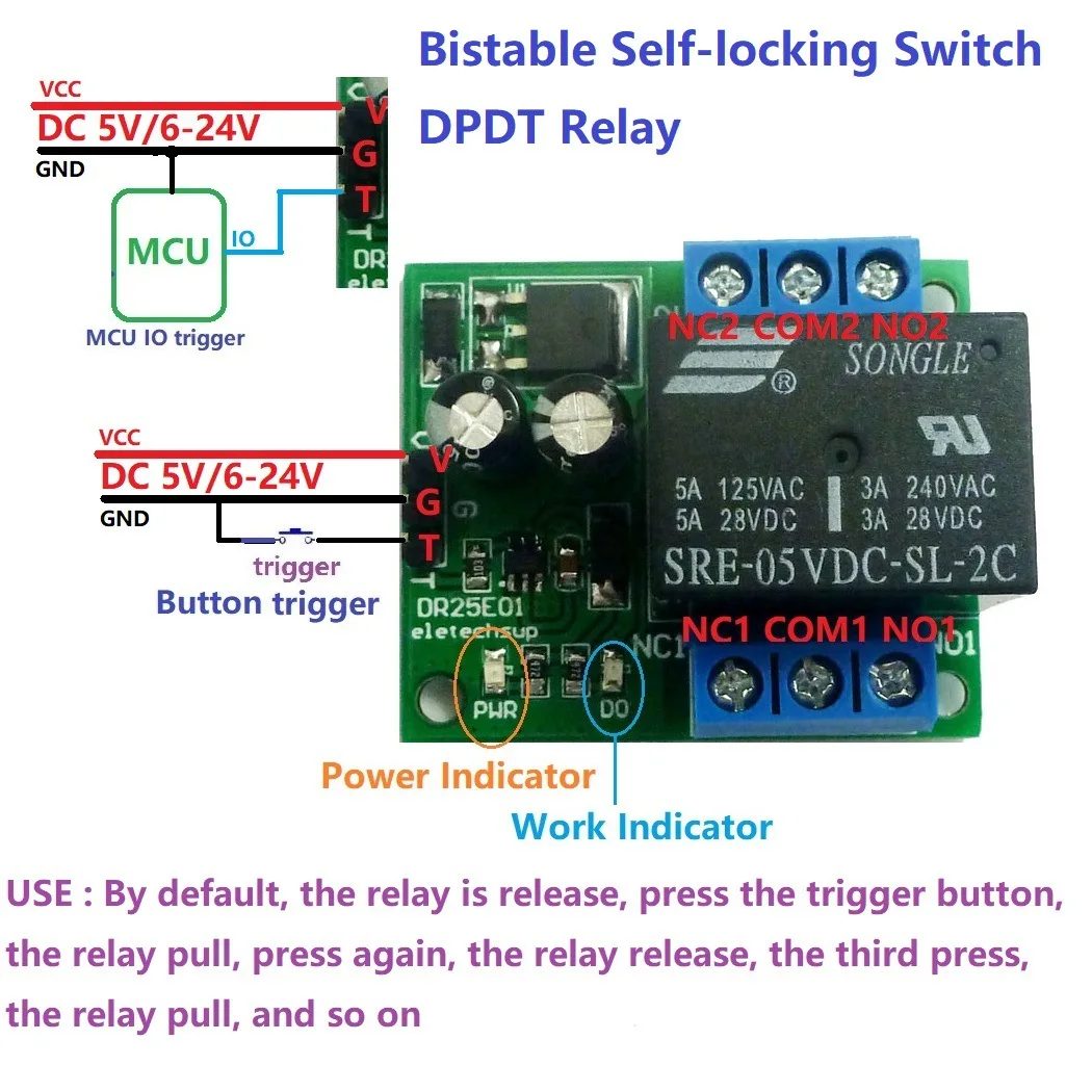 Фото Триггерная защелка DPDT, релейный модуль DC5V/6-24V 3-5A, бистабильный самоблокирующийся переключатель, триггерная плата с низким импульсом для светодиодного двигателя, умный дом №2