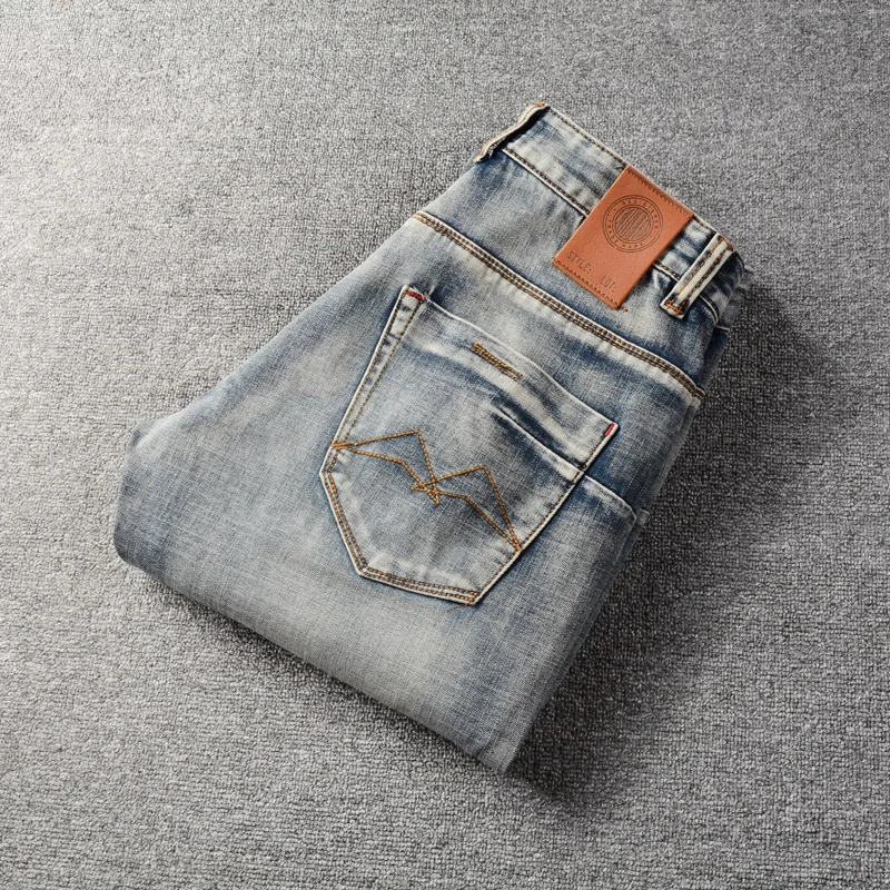 Fashion Vintage Men Jeans Retro Blue Elastic Slim Fit Ripped Jeans Men Straight Trousers Embroidery Designer Denim Pants Hombre