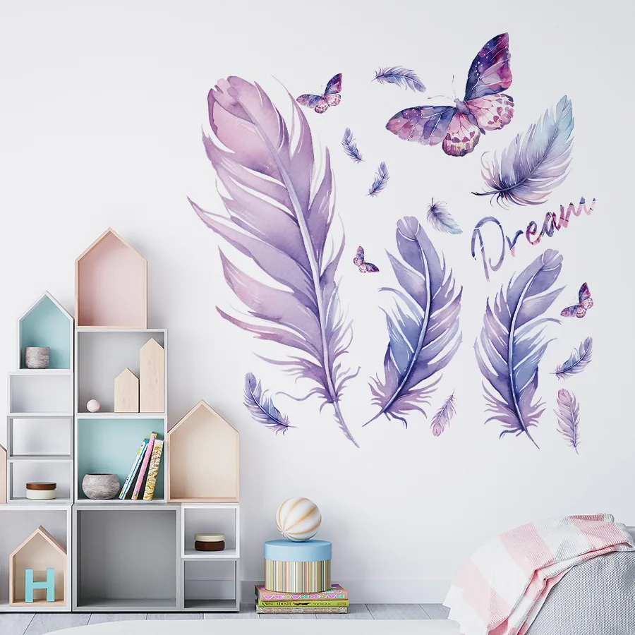 Психоделическая фиолетовая наклейка на стену с перьями бабочки великолепная со