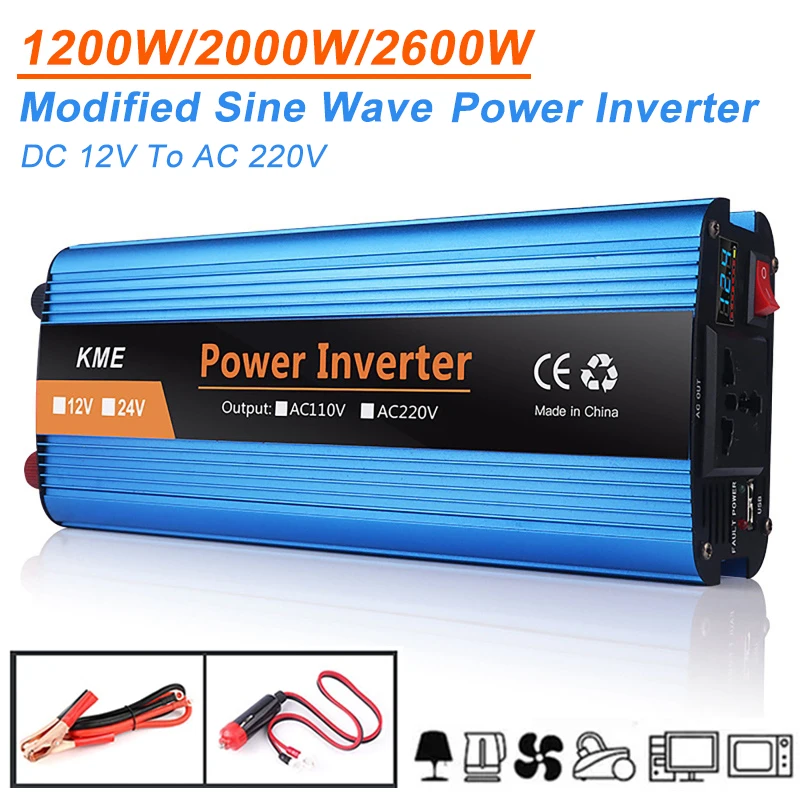

1200 Вт/2000 Вт/2600 Вт автомобильный инвертор с пиковой мощностью 12 В постоянного тока в 220 В переменного тока, ЖК-дисплей, модифицированный синус...