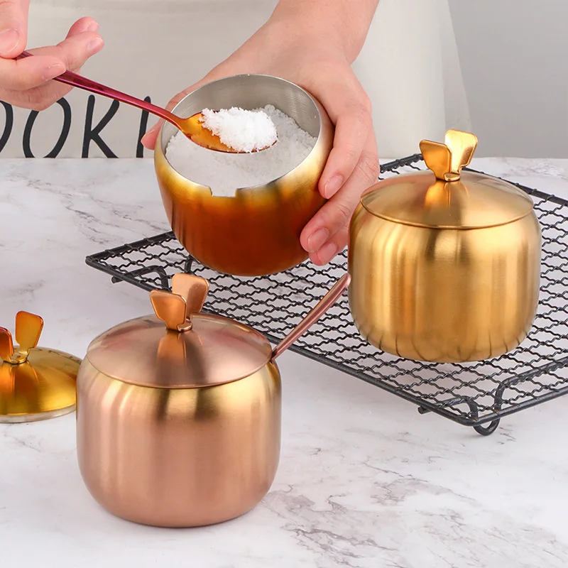 

Kitchen Stainless Steel Gold Seasoning Condiment Pot Lovely Design Spice Salt Sugar Container Pepper Jar Tool with Lid and Spoon