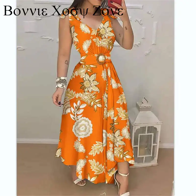 

2022 Summer Woman Casual Chic V-Neck Floral Print Tied Detail Belted Design Sleeveless Maxi Vacation Dress