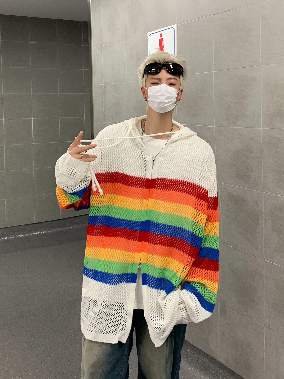 Spring and Autumn American Contrast Color Hollow out Hood Knitted Outerwear Men's Cleanfit Fashion Brand Couple Loose Cardiga... |