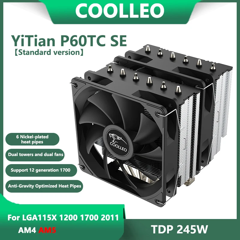 

COOLLEO P60TC SE 6 Heat Pipes CPU Cooler Dual Tower PC Radiator Quiet Cooling Fan For Intel LGA1700 1200 2011 115X AM4 AM5