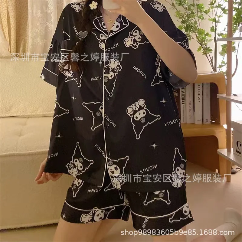 Sanrio Kawaii Girl Short Sleeve Pajamas Kuromi My Melody Cinnamoroll Female Summer Cute Casual Nightshirt Women Home Wear Suit images - 6